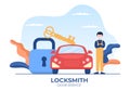 Locksmith Repairman Car Door Repair, Maintenance and Installation Service with Equipment as Screwdriver or Key in Illustration
