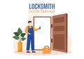 Locksmith Repairman Door Repair, Maintenance and Installation Service with Equipment as Screwdriver or Key in Illustration