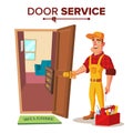 Locksmith Repairman Vector. Unlock The Door Service. Cartoon Character Illustration