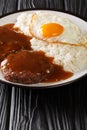 Loco Moco is Hawaiian comfort food made with rice and a burger smothered with rich gravy and egg close-up on a plate. Vertical Royalty Free Stock Photo
