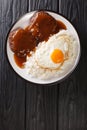 Loco Moco is Hawaiian comfort food made with rice and a burger smothered with rich gravy and egg close-up on a plate. Vertical top Royalty Free Stock Photo