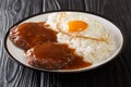 Loco moco is a Hawaiian cuisine made with white rice with a hamburger patty, sunny side up egg, and brown beef gravy close-up on a Royalty Free Stock Photo