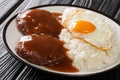 Loco Moco recipe is a delicious Hawaiian dish consists of white rice, a juicy hamburger patty, a fried egg, and brown gravy close- Royalty Free Stock Photo