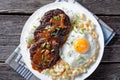 Loco moco on a white plate, top view