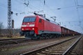 Locomotive freight train driving in the countryside