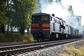 Freight train locomotive pulls wagons