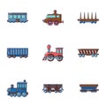 Locomotive icons set, cartoon style