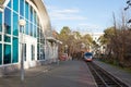 The locomotive of the Krasnoyarsk children`s railway is on the rails near the station Yubileinaya in the Central Park