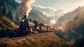 The locomotive moves through the picturesque landscapes of the Swiss Alps. Generative AI Royalty Free Stock Photo