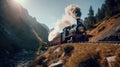 The locomotive moves through the picturesque landscapes of the Swiss Alps. Generative AI Royalty Free Stock Photo