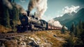 The locomotive moves through the picturesque landscapes of the Swiss Alps. Generative AI Royalty Free Stock Photo