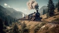 The locomotive moves through the picturesque landscapes of the Swiss Alps. Generative AI Royalty Free Stock Photo