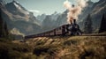 The locomotive moves through the picturesque landscapes of the Swiss Alps. Generative AI Royalty Free Stock Photo