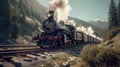 The locomotive moves through the picturesque landscapes of the Swiss Alps. Generative AI Royalty Free Stock Photo