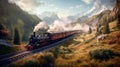 The locomotive moves through the picturesque landscapes of the Swiss Alps. Generative AI Royalty Free Stock Photo