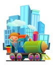 Locomotive rides on railroad. Boy driving. Big modern city. Cartoon style illustration. Cute childish. Isolated on white