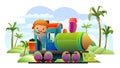 Locomotive rides on railroad. Cartoon style illustration. Boy driving. Cute childish. Isolated on white background