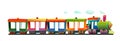 Locomotive rides on railroad. Cartoon style illustration. Cute childish. Multicolored wagons. Isolated on white