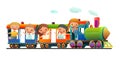 Locomotive rides on railroad. Funny kids. Cartoon style illustration. Multicolored wagons. Cute childish. Isolated on