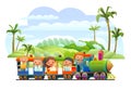 Locomotive rides on railroad. Funny kids. Multicolored wagons. Tropical landscape with palm trees. Cartoon style