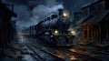 Locomotive steam train rolling through a ghost town at night, engine