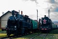 BRATISLAVA, SLOVAKIA - MARCH 07, 2022. Locomotives CSD 331 and Skoda Class 534 in the railway museum of Bratislava.