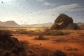 locusts swarming over a desolate african landscape