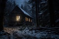 Lodge, Cabin Retreat. winter night fantasy forest. Christmas season landscape. Wooden hut.