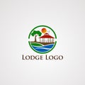 Lodge logo vector with circle wave beautiful sun flying bird, template, element, and icon Royalty Free Stock Photo
