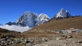 Lodges in Lobuche and snow covered mountains Tobuche, Taboche and Cholatse