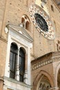 Rose window and windows of the cathedral of lodi. Exterior of the large church made of terracotta bricks in the Romanesque style