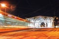 Lodz, Poland, April 21, 2019 - View of the night tram stop, tram lights