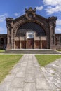 Facade of red brick Funeral Home (The Beit Tahara) in front of Lodz Jewish Cemetery, Lodz, Poland