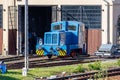 Loebau, Saxony, Germany - 10.12.2019; blue historic diesel locomotive waiting in locomotive shed Royalty Free Stock Photo