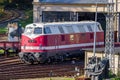 Loebau, Saxony, Germany - 10.12.2019; red historic diesel locomotive waiting in locomotive shed Royalty Free Stock Photo