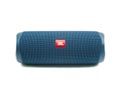 Blue JBL Flip 5 portable Bluetooth speaker isolated on white background.