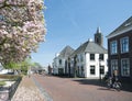 Girl on bicycle passes flowering spring tree in dutch village of loenen aan de vecht in spring