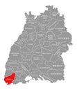 Loerrach county red highlighted in map of Baden Wuerttemberg Germany