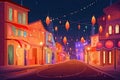 lofi city street with colorful lights, lanterns, and decorations for holiday or special occasion