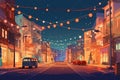 lofi city street with colorful lights, lanterns, and decorations for holiday or special occasion