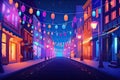 lofi city street with colorful lights, lanterns, and decorations for holiday or special occasion