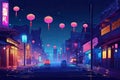 lofi city street at night with colorful lights and lanterns Royalty Free Stock Photo