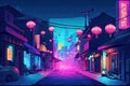 lofi city street at night with colorful lights and lanterns Royalty Free Stock Photo