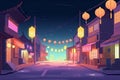lofi city street at night with colorful lights and lanterns Royalty Free Stock Photo