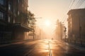 lofi city street with view of misty morning sunrise, bringing new day to the city Royalty Free Stock Photo