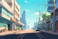 lofi city street, with view of modern and futuristic building in the background