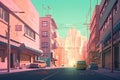 lofi city street, with view of modern and futuristic building in the background