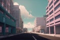 lofi city street, with view of modern and futuristic building in the background