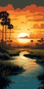 Lofi Everglades National Park Landscape: Bold Graphic Illustrations With Tropical Flora And Fauna
