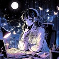 Lofi Girl is at her desk studying. Image is generated using AI.